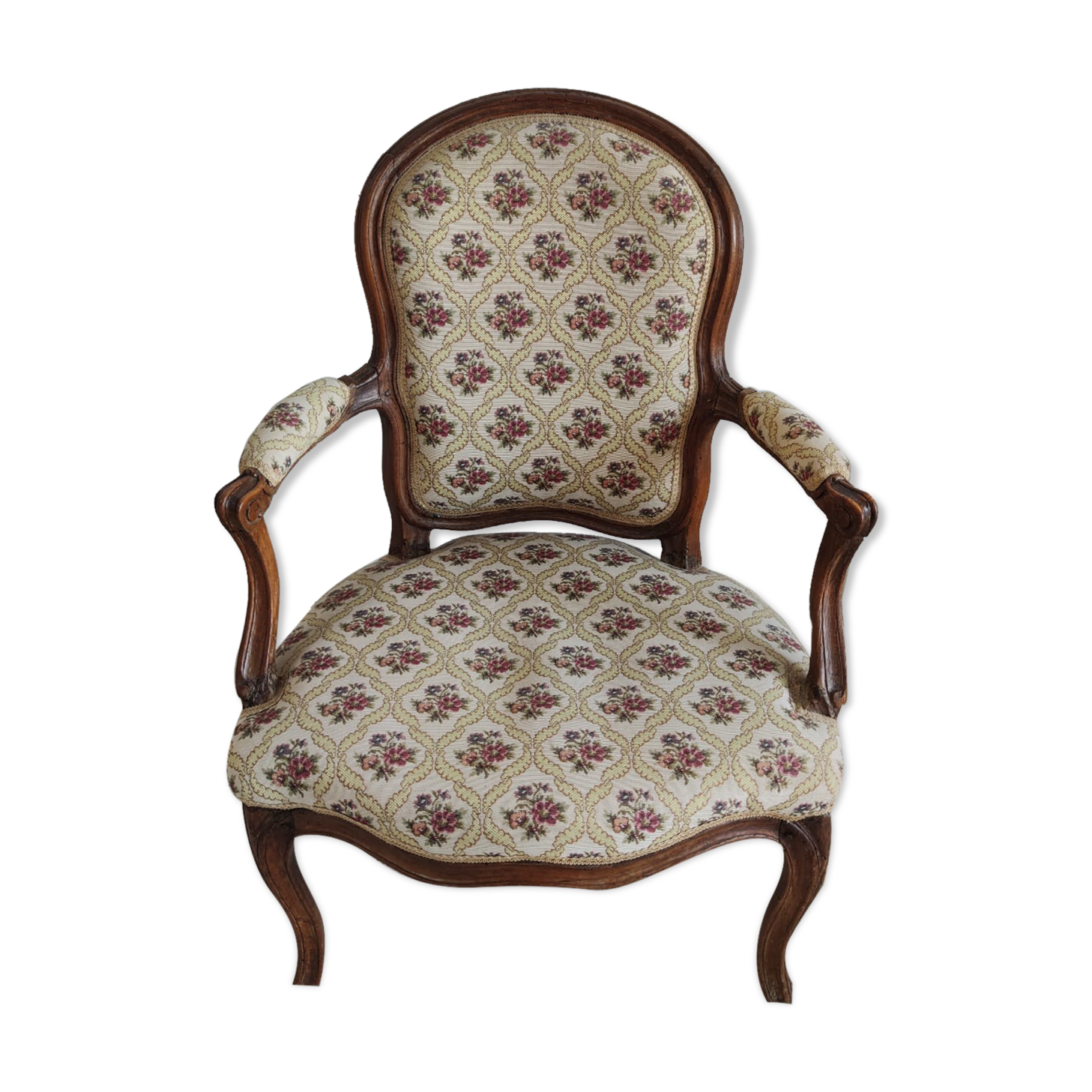 Fauteuil cabriolet de style Louis XVI garniture tapisserie fleurie