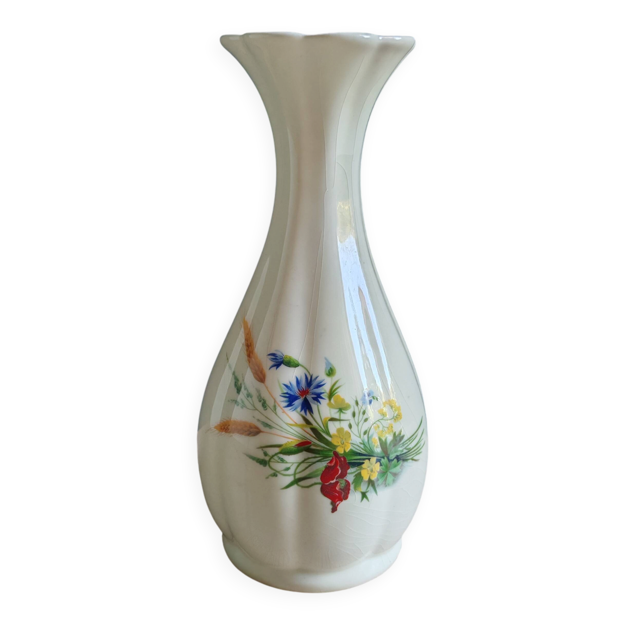 Vintage White Broken Ceramic Vase with Floral Pattern, Ribbed Vase