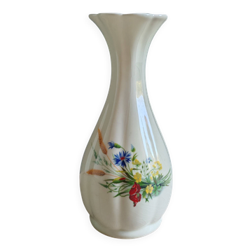 Vintage White Broken Ceramic Vase with Floral Pattern, Ribbed Vase