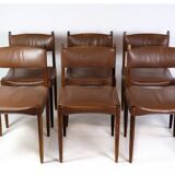 Ensemble de 6 chaises de design danois en palissandre massif avec cuir brun