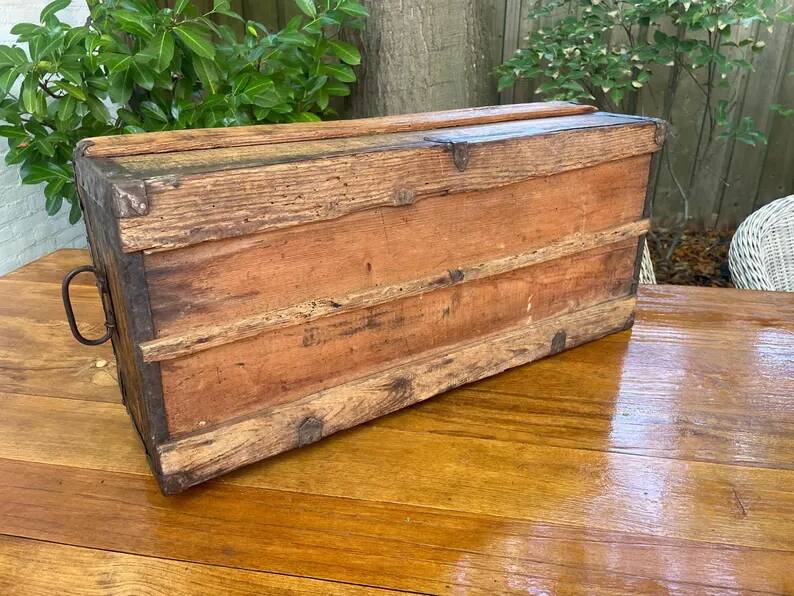 Antique French Wood Iron and Hide Handmade Wood Chest or Trunk