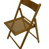 Vintage wooden folding chair with rattan seat 80s minimalist design
