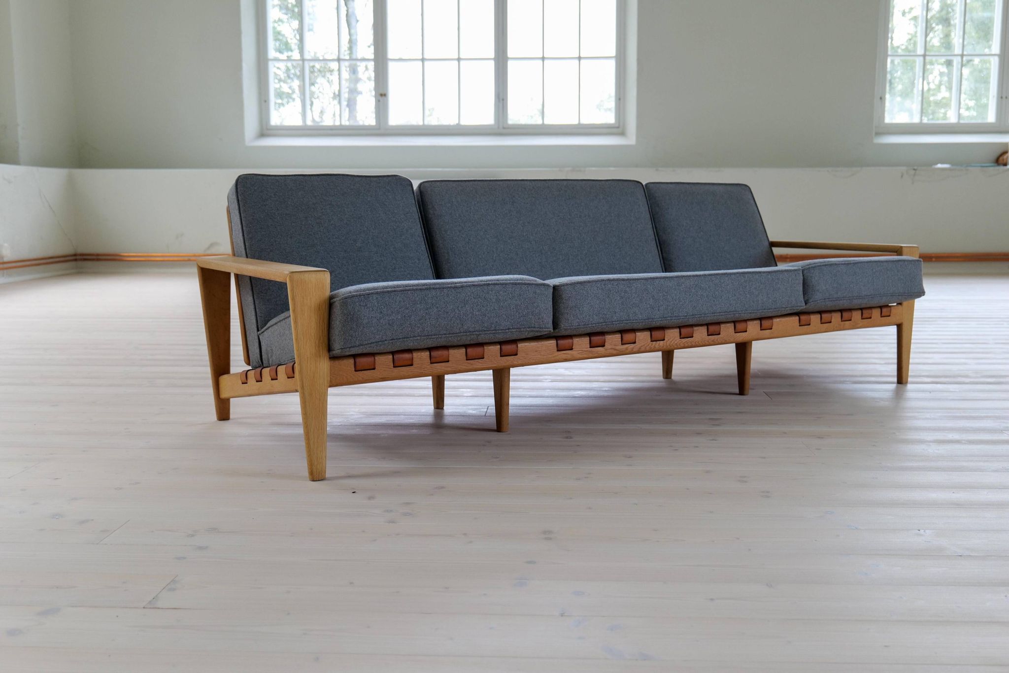Large 1960s "Bodö" canapé in oak, leather and wool, Svante Skogh, Sweden