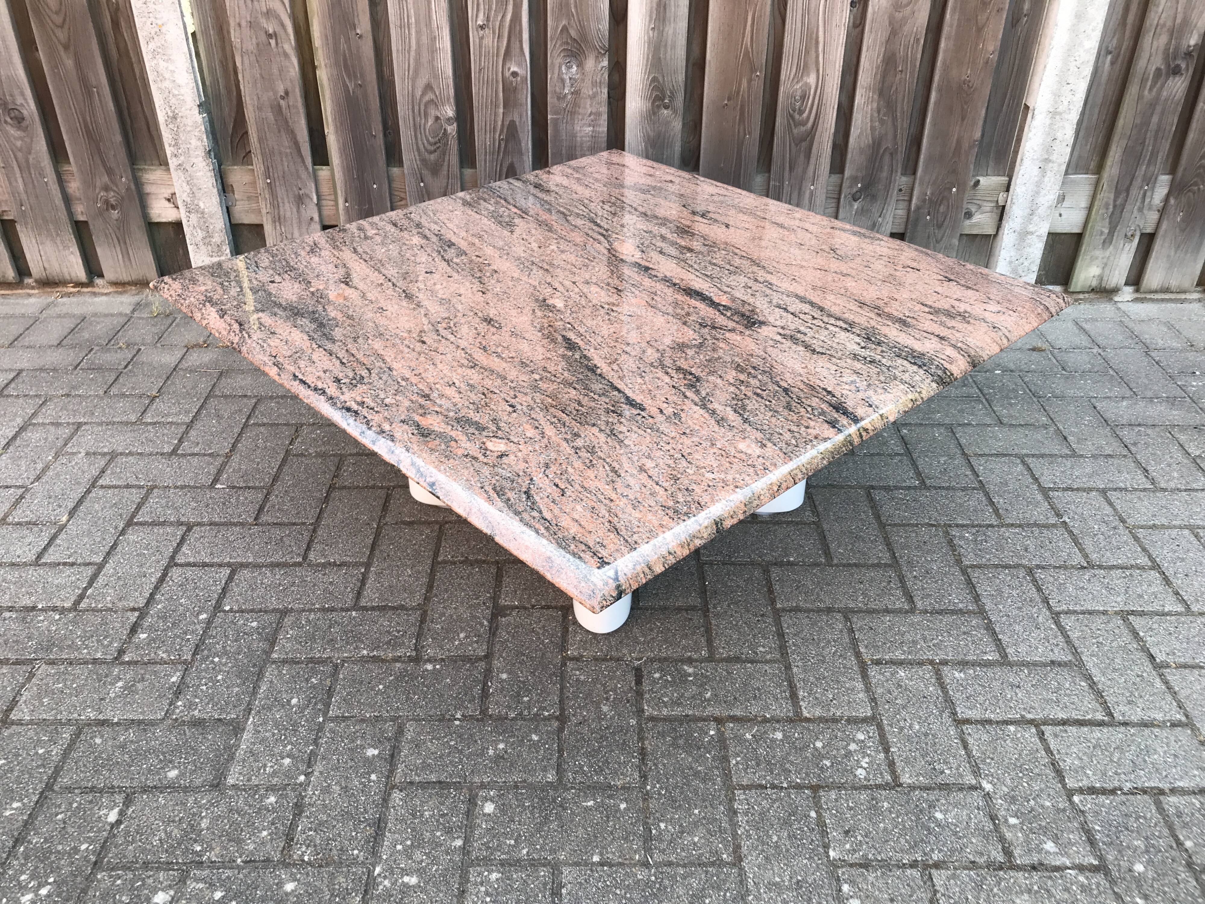 Italian modernist red travertine and metal square coffee table 1970s