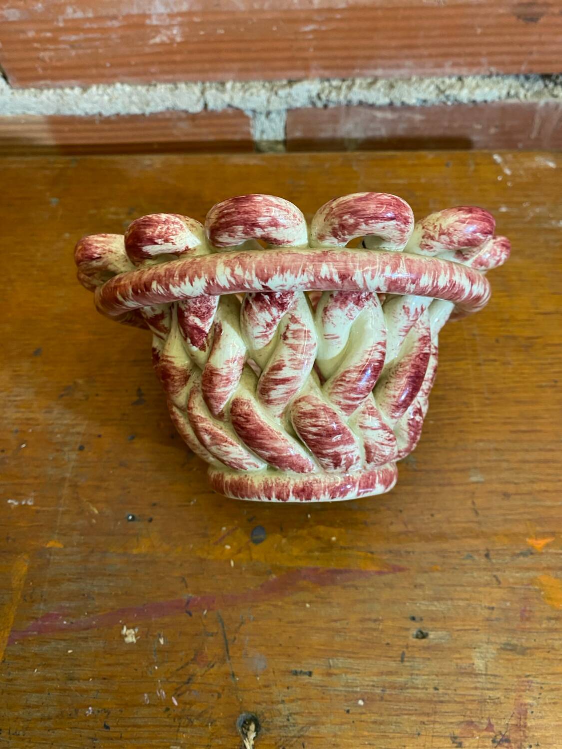 Antique White & Pink Openwork Braided Ceramic Barbotine Cup Vintage