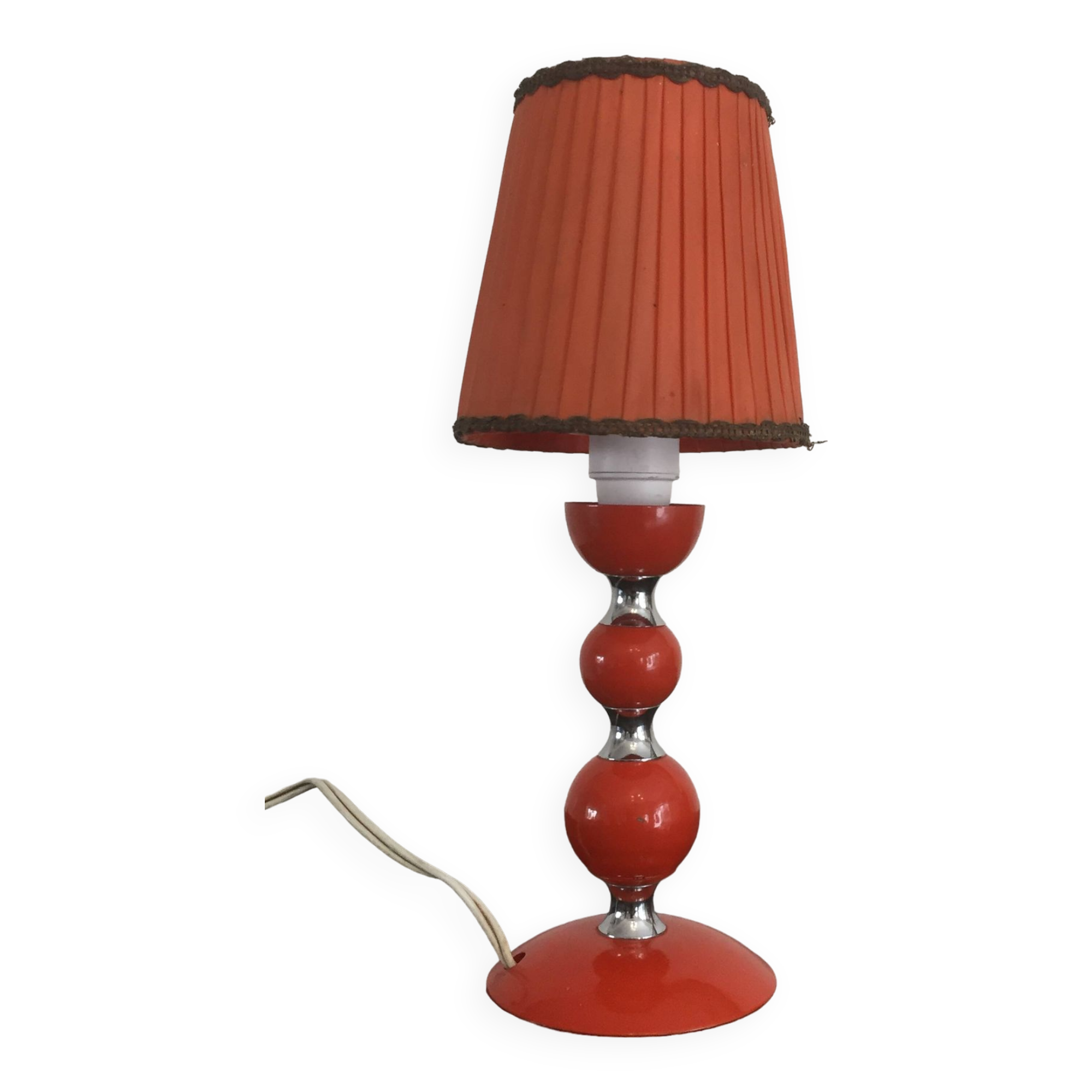 vintage table lamp - orange - metal and nylon lampshade -