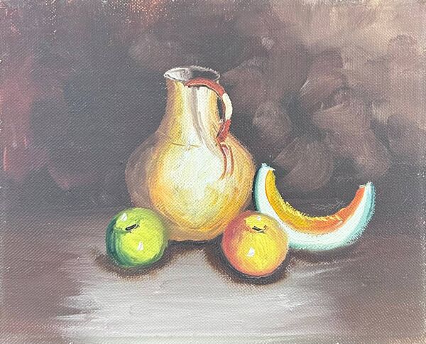 Nature morte pichet et fruits