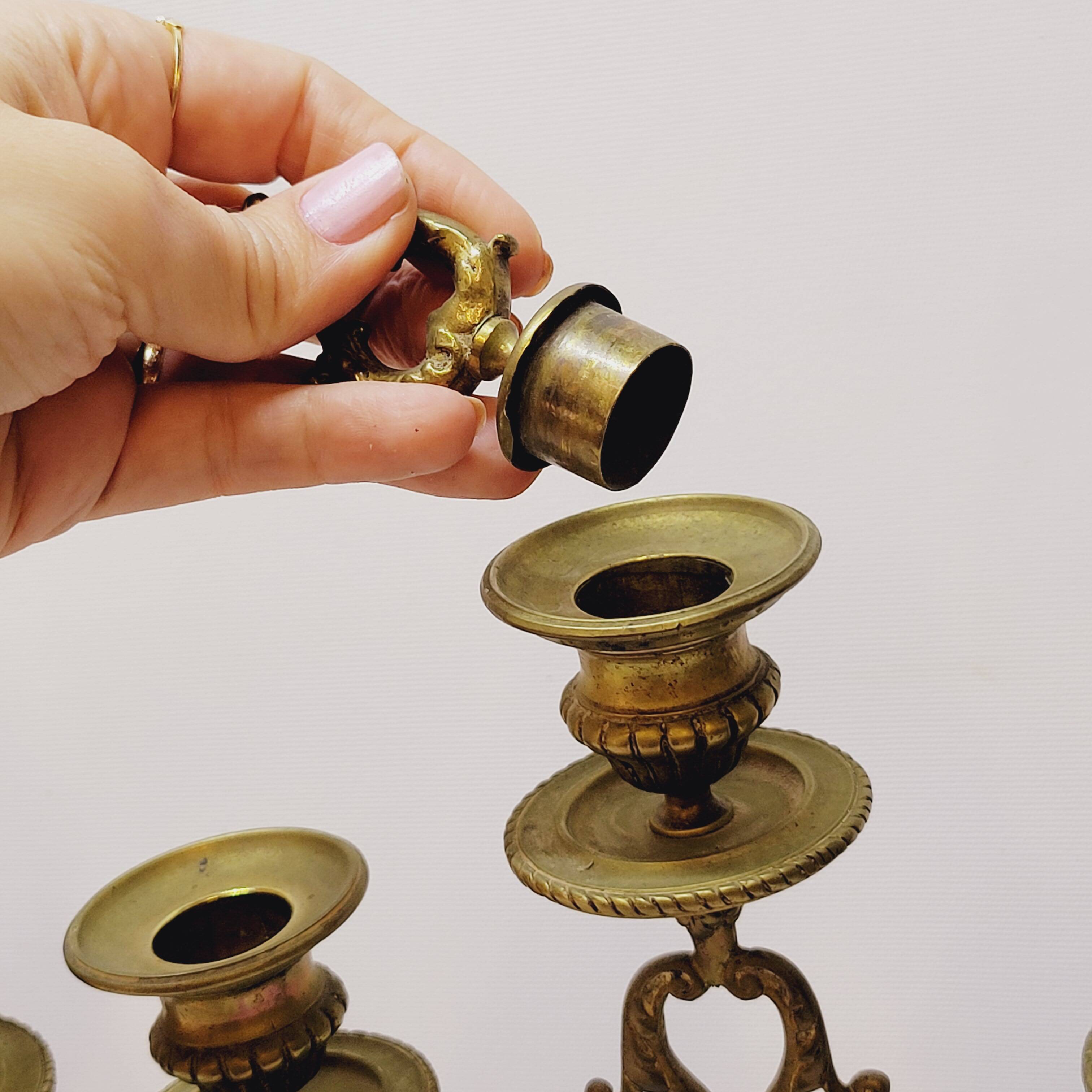 Old pair of 3 branched brass candlesticks
