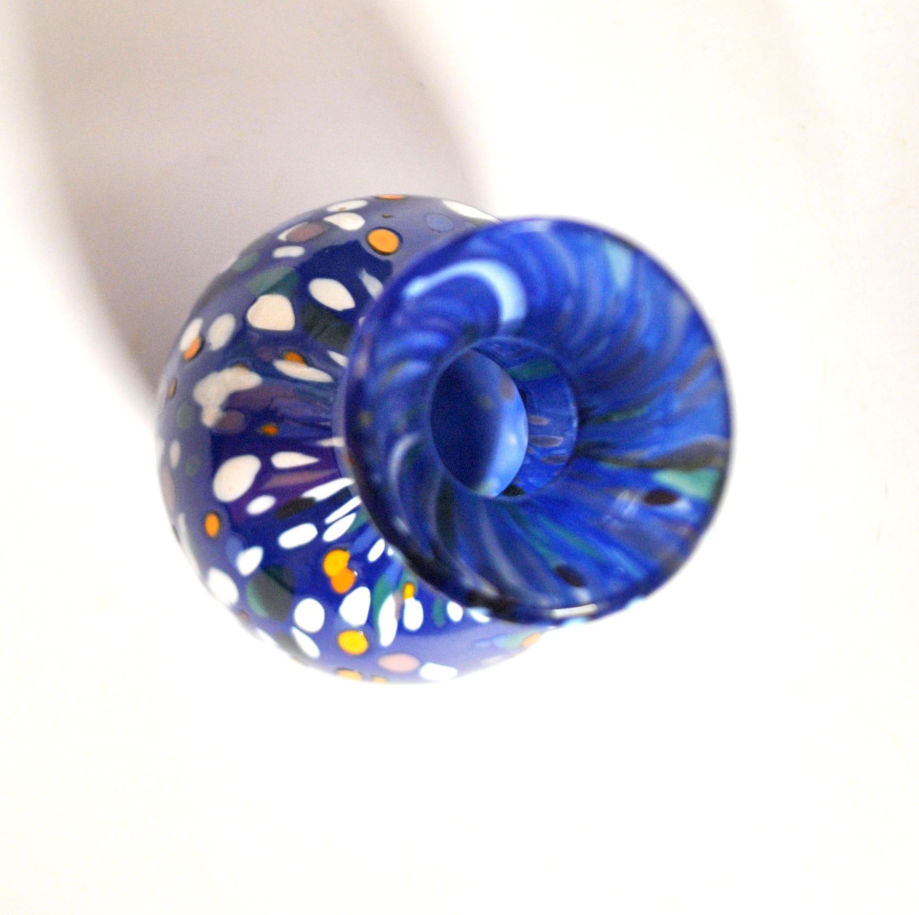 Vintage biot vase in double blown blue glass, coloured dot, design 2000 signed "arnold biot"