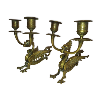 Pair of candlesticks with old chimera dragons hands