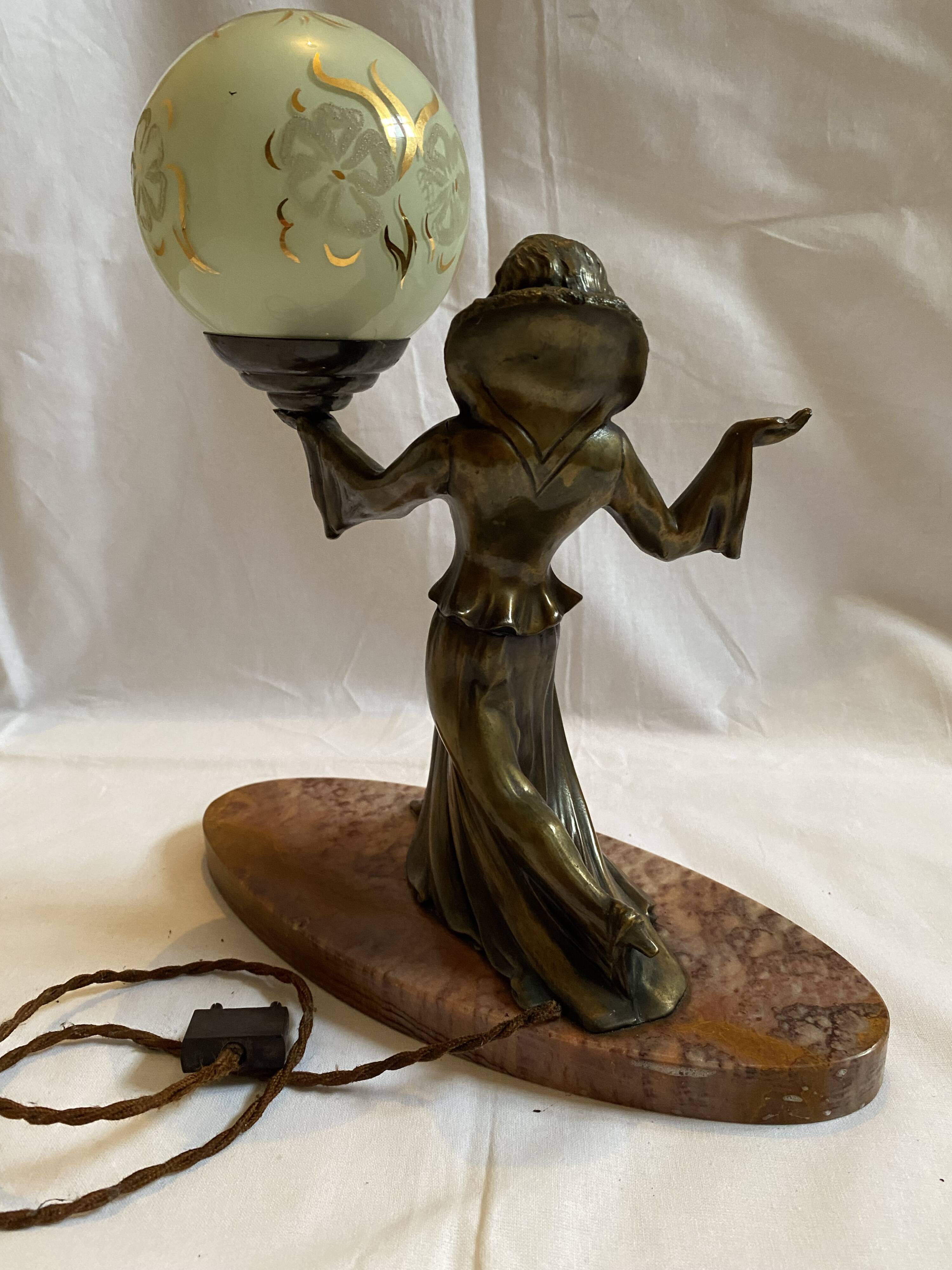 Art deco lamp in marble and bronze, woman holding a globe