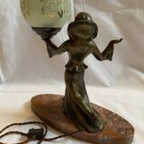 Art deco lamp in marble and bronze, woman holding a globe