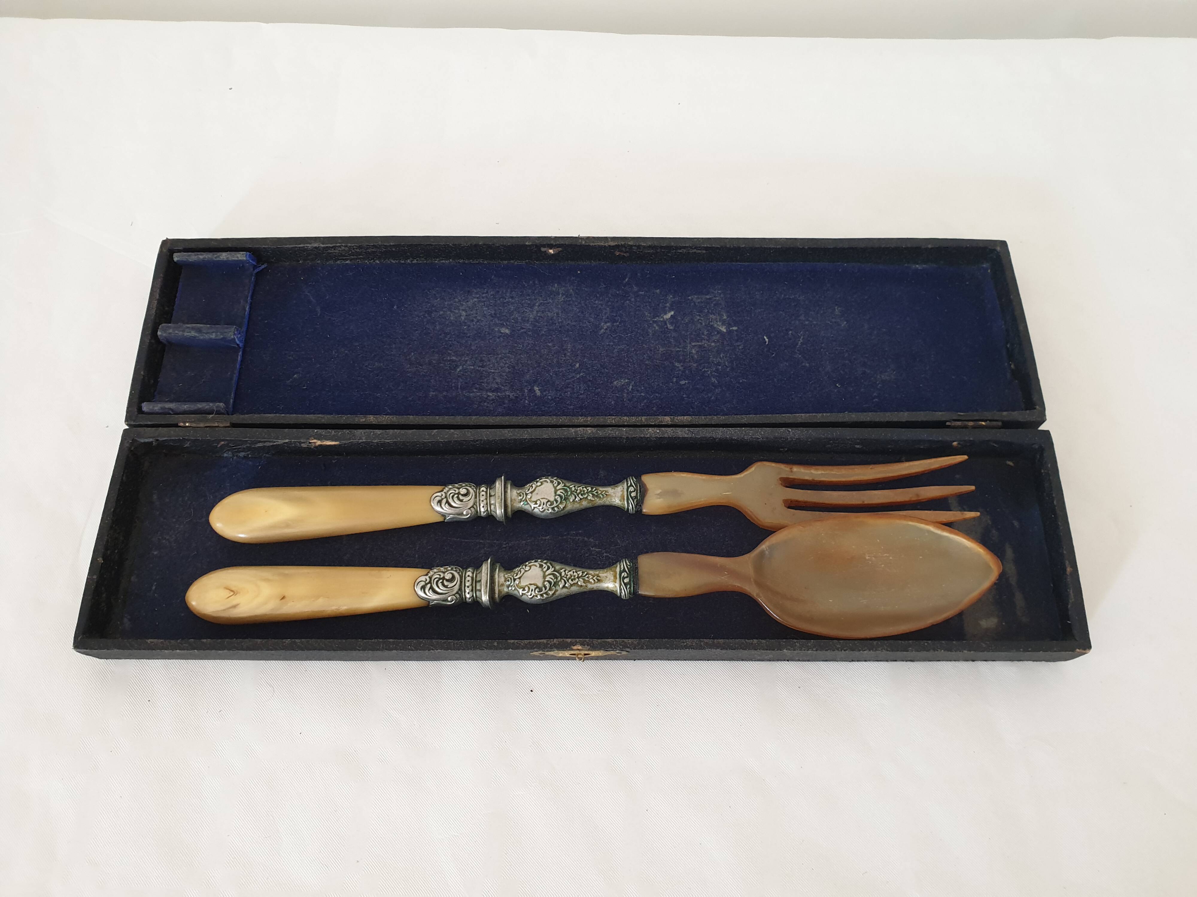 Old horn + silver-plated metal salad servers in their case