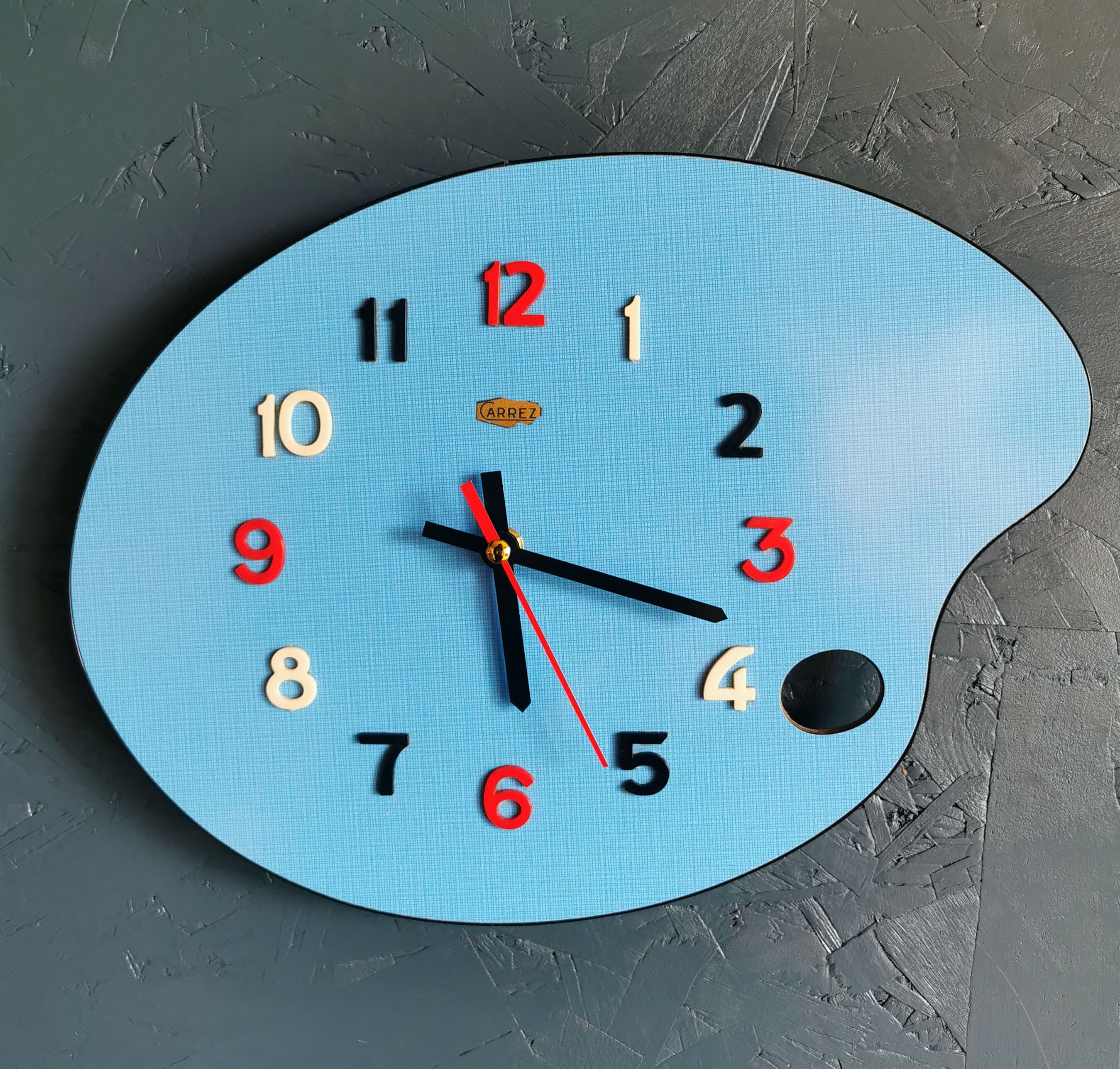 Vintage formica clock silent wall clock painter palette "Carrez bleu"