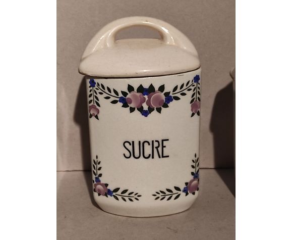 5 old art deco pots in vintage ceramic with spices, flour, pepper, coffee, tea, sugar