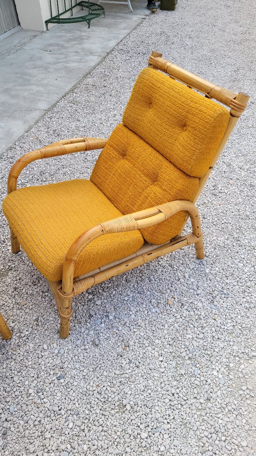 Salon canapé, 2 fauteuils et table basse en rotin vintage fabrication 1950