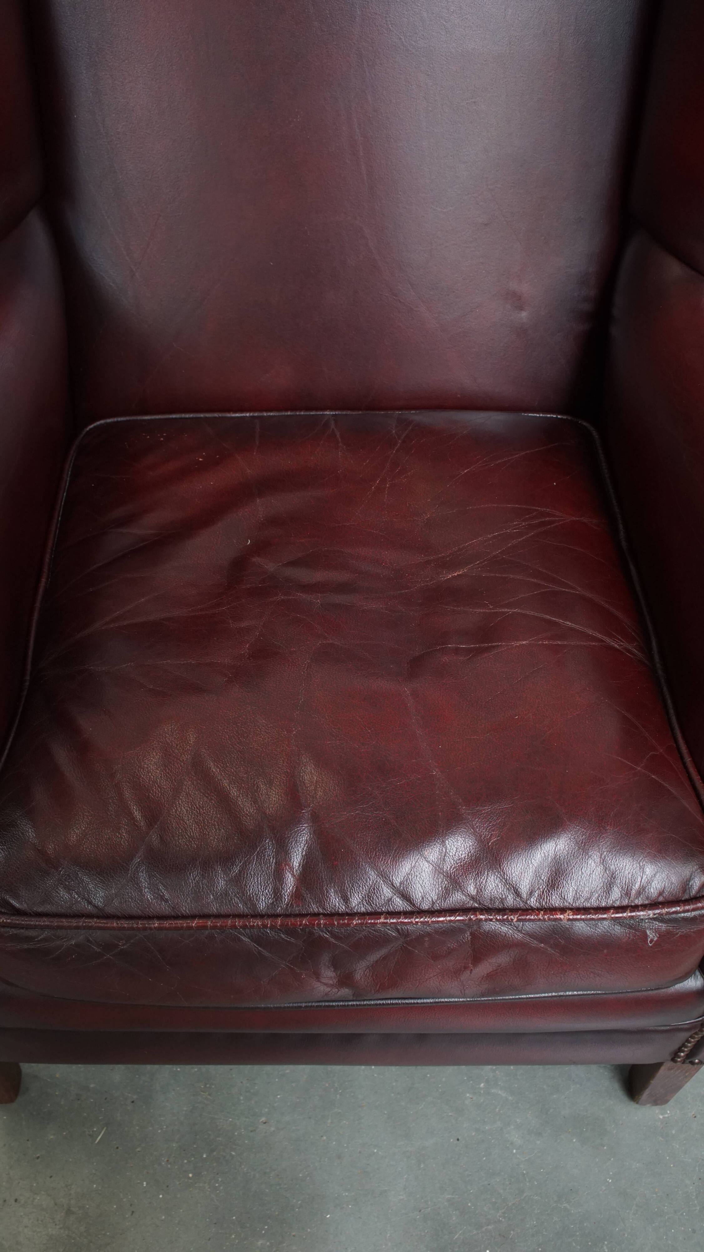 Bordeaux Red Cowhide Leather Wingback Chair in English Style