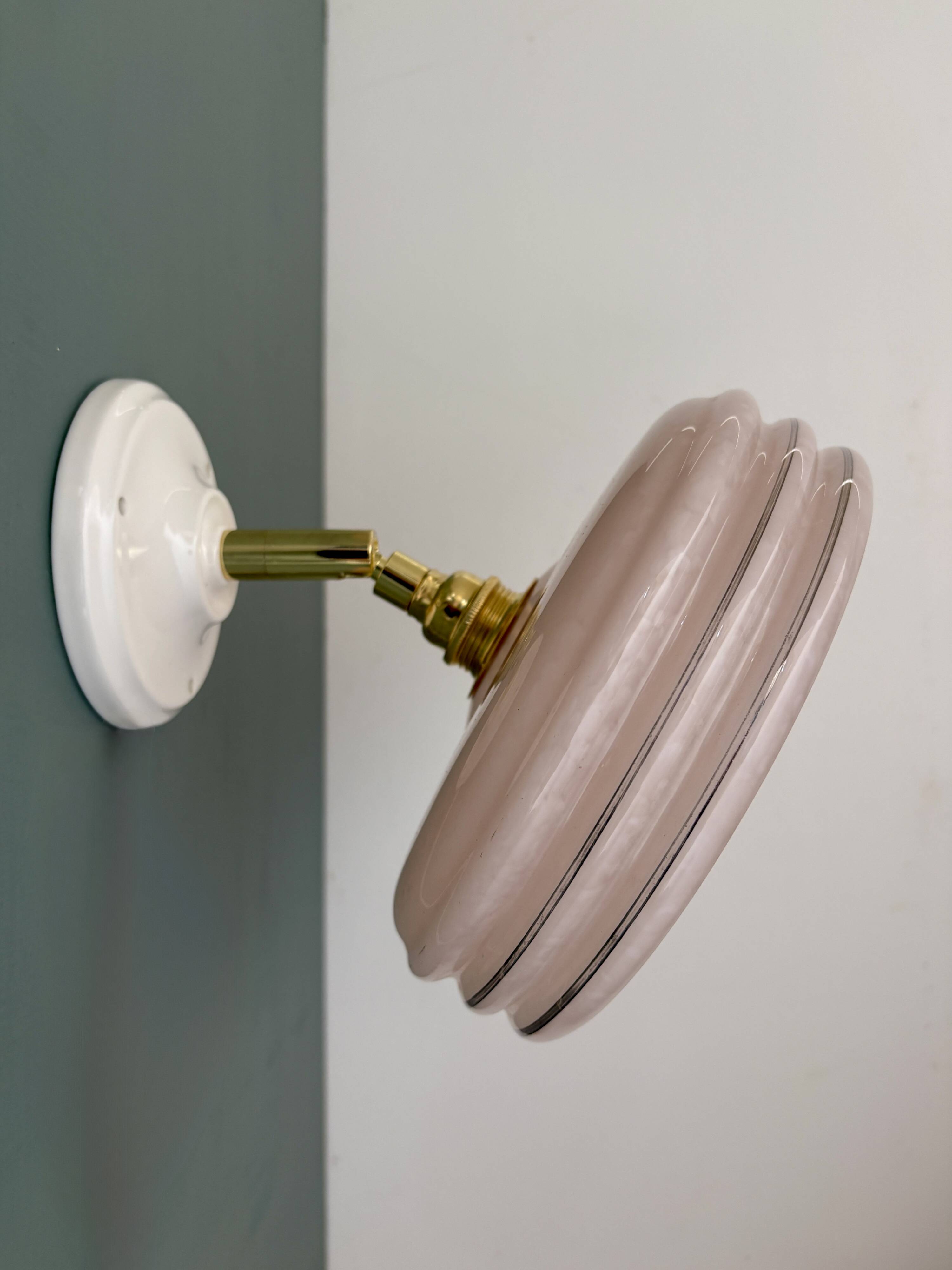 Vintage wall lamp with pink Clichy glass shade and silver edging