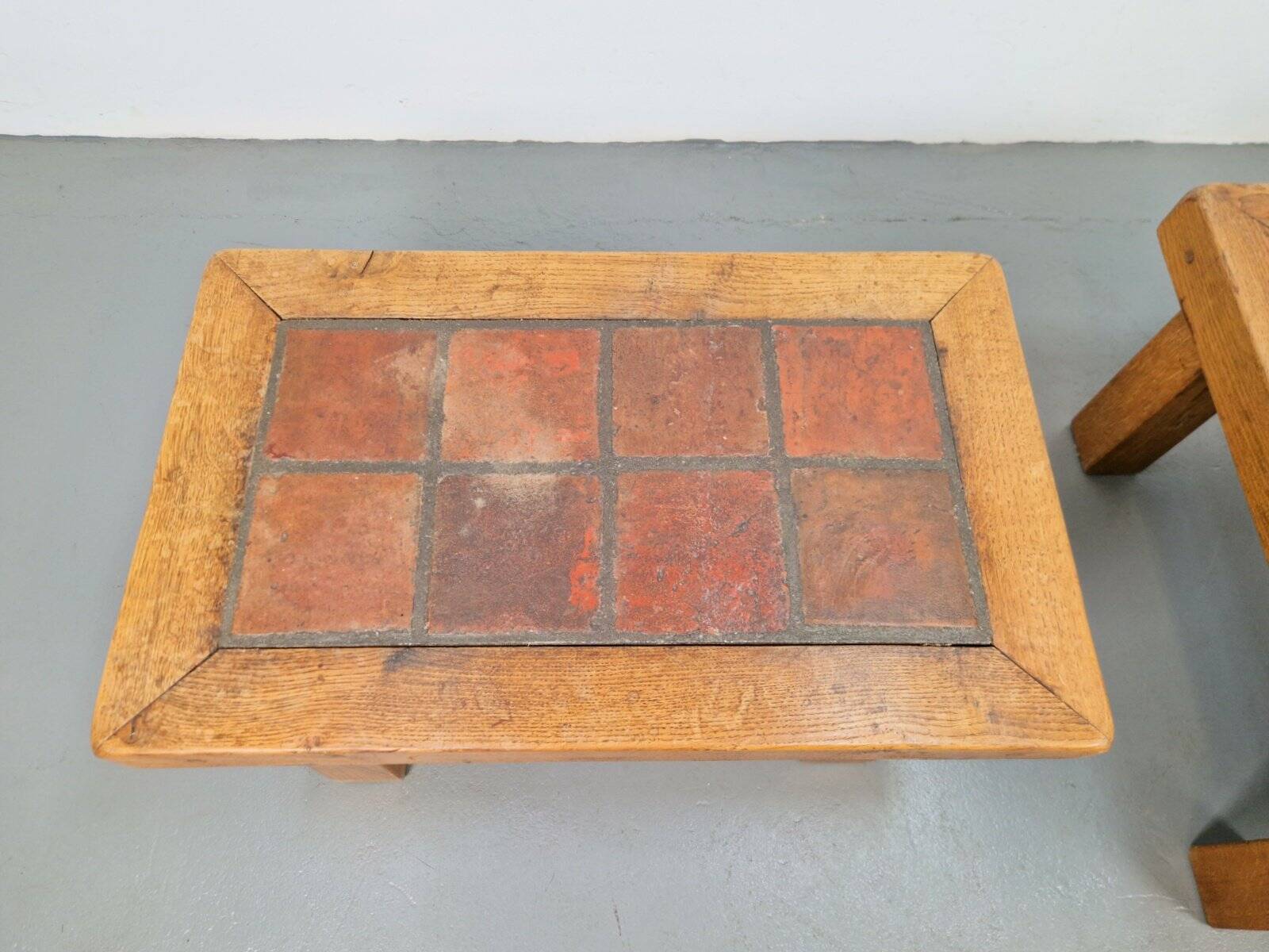 Brutalist Oak Side Table with Terracotta Tiles, 1950s, Set of 2