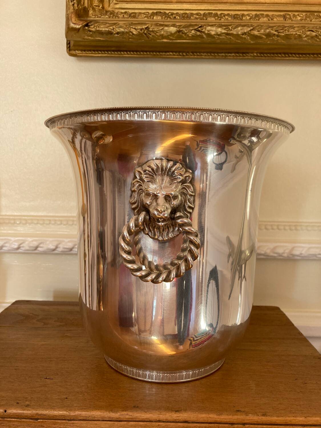 Champagne bucket with silver metal lion handles