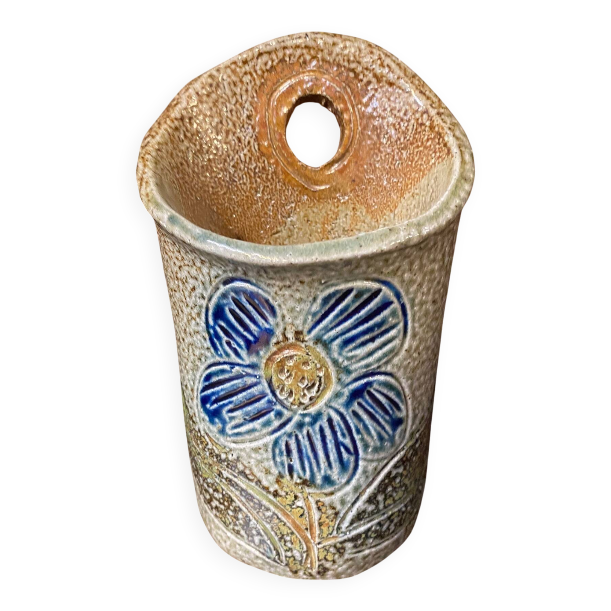 Salt stoneware vase signed jean claude monange blue flower place or hang