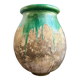 Biot jar, plant pot in beige and green glazed ceramic
