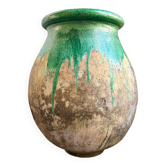 Biot jar, plant pot in beige and green glazed ceramic