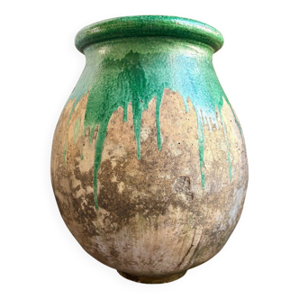 Biot jar, plant pot in beige and green glazed ceramic