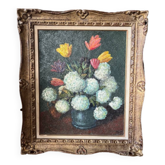 Huile sur panneau bouquet floral - L.Michel - XXe siècle