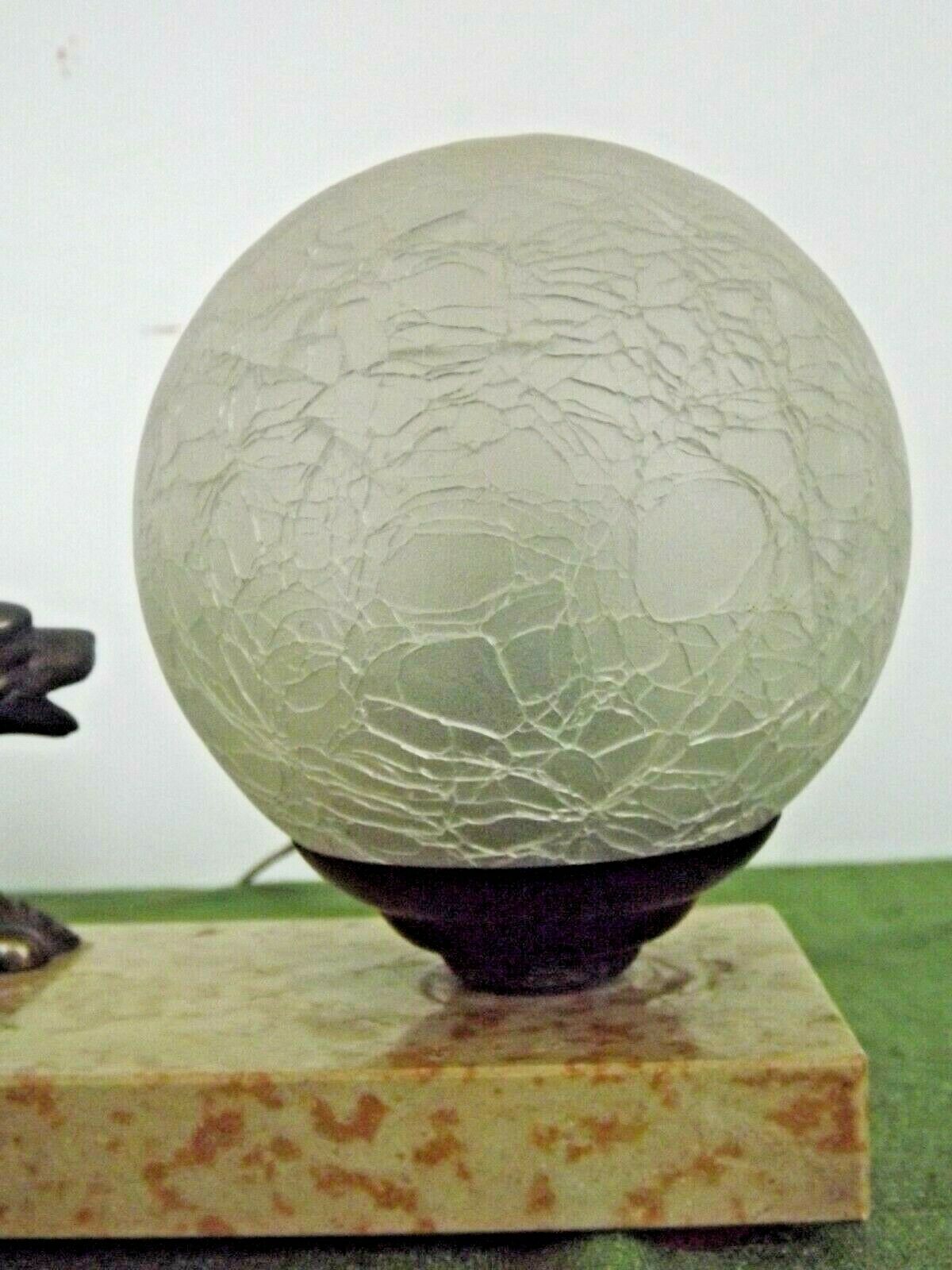 French Art Deco Lamp Marble Base Silver Metal Rabbit Crackle Ball Shade 3365