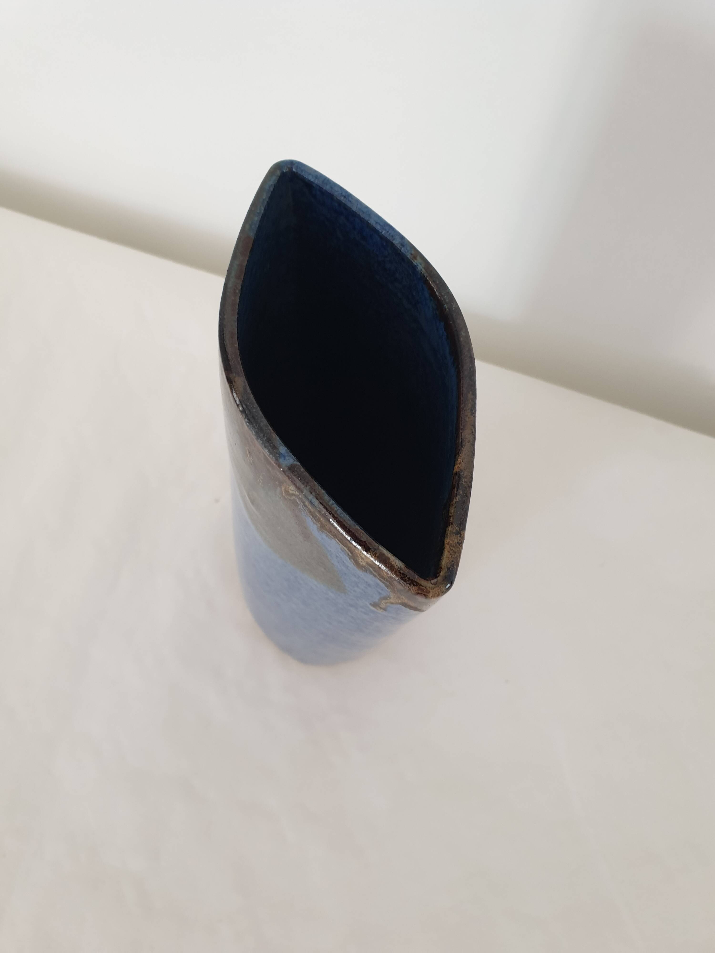 Ceramic vase with blue glaze 25cm Signed Jean Cacheleux Puisaye