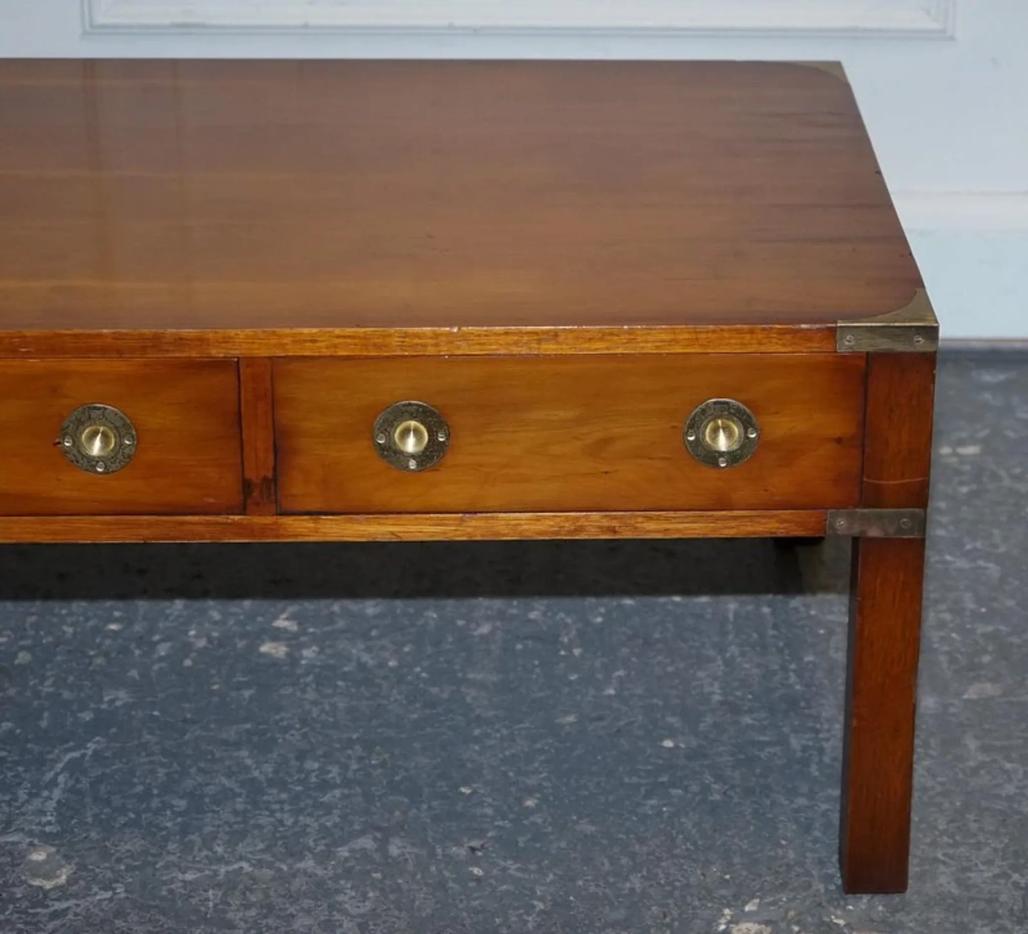 Vintage Military Campaign Coffee Table in Yew Wood and Brass
