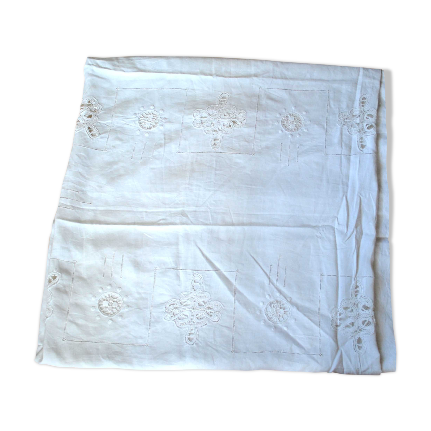 Antique tablecloth in embroidered cotton openwork lace - geometric patterns 150x280 *A1*