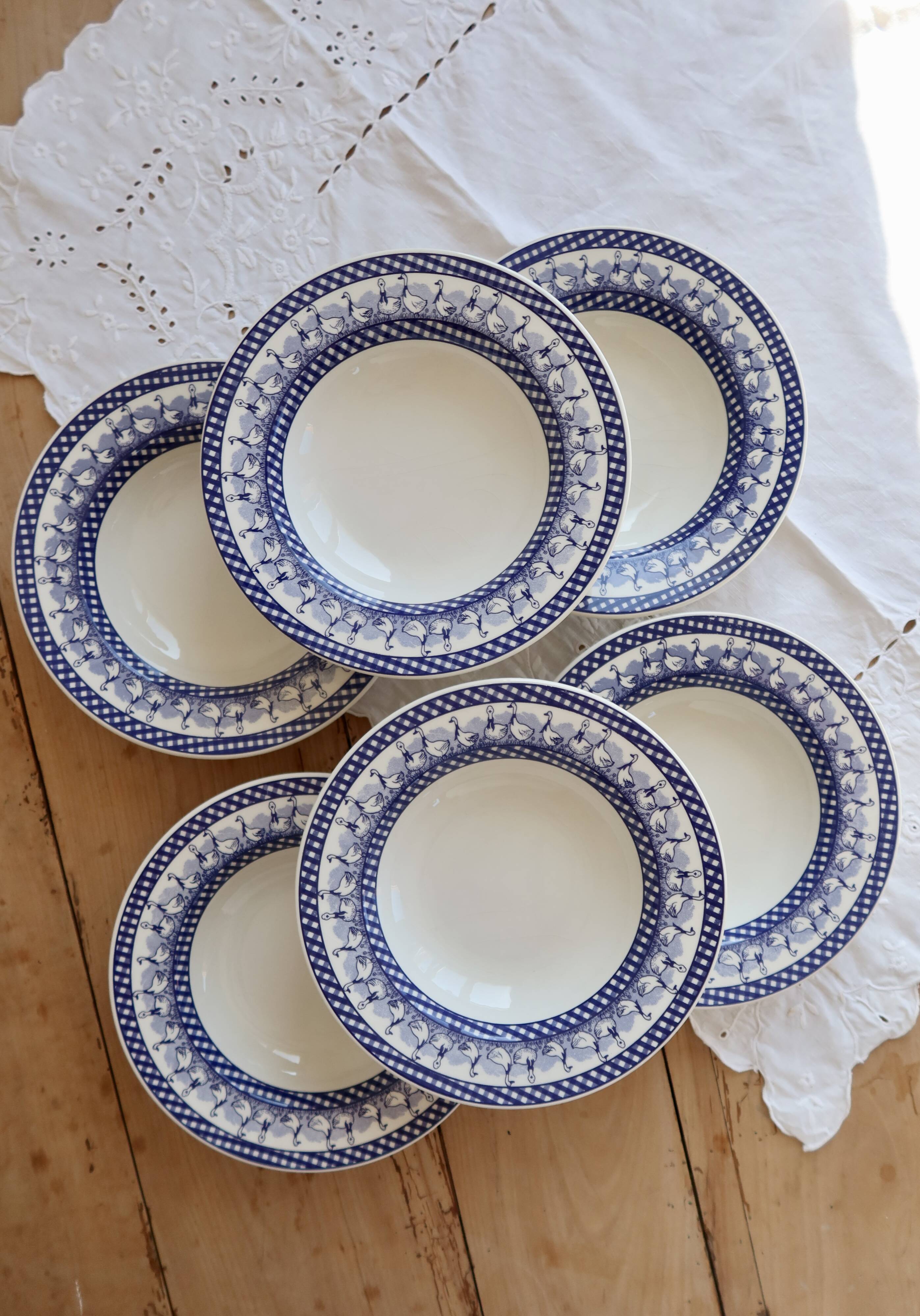 6 vintage deep plates with blue goose vichy decor
