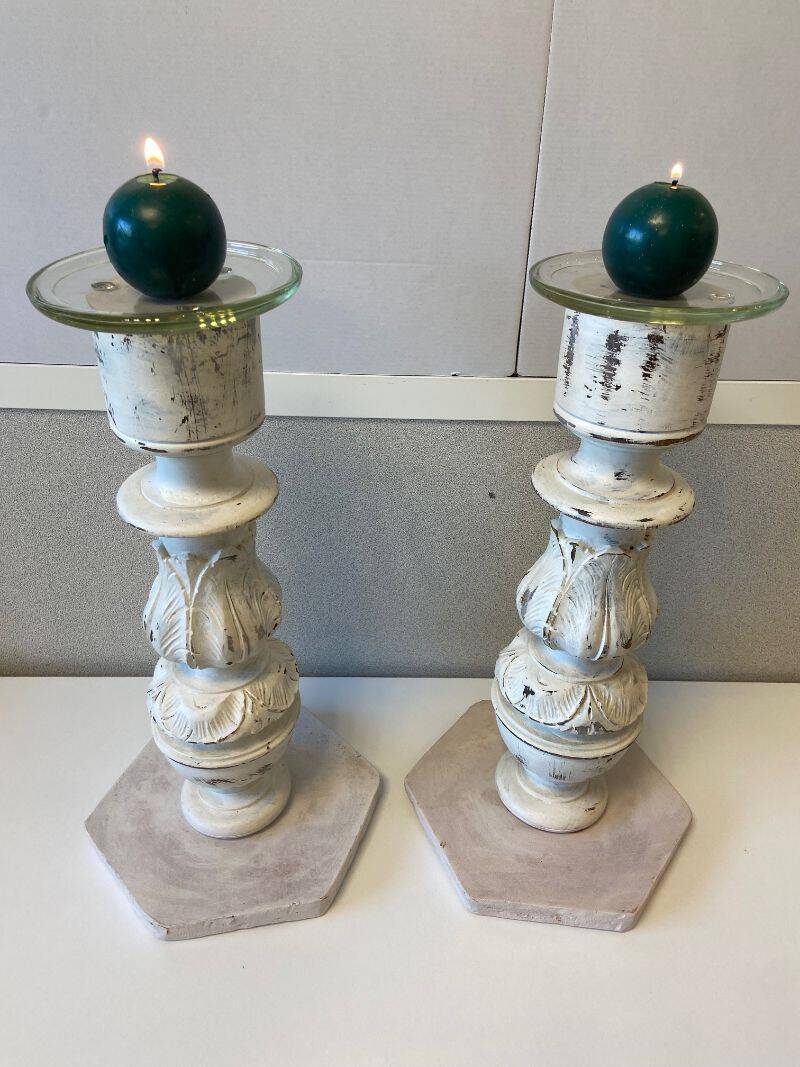 Pair of Large Candlesticks Candle Holders Turned Wood Carved Bleached