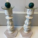 Pair of Large Candlesticks Candle Holders Turned Wood Carved Bleached