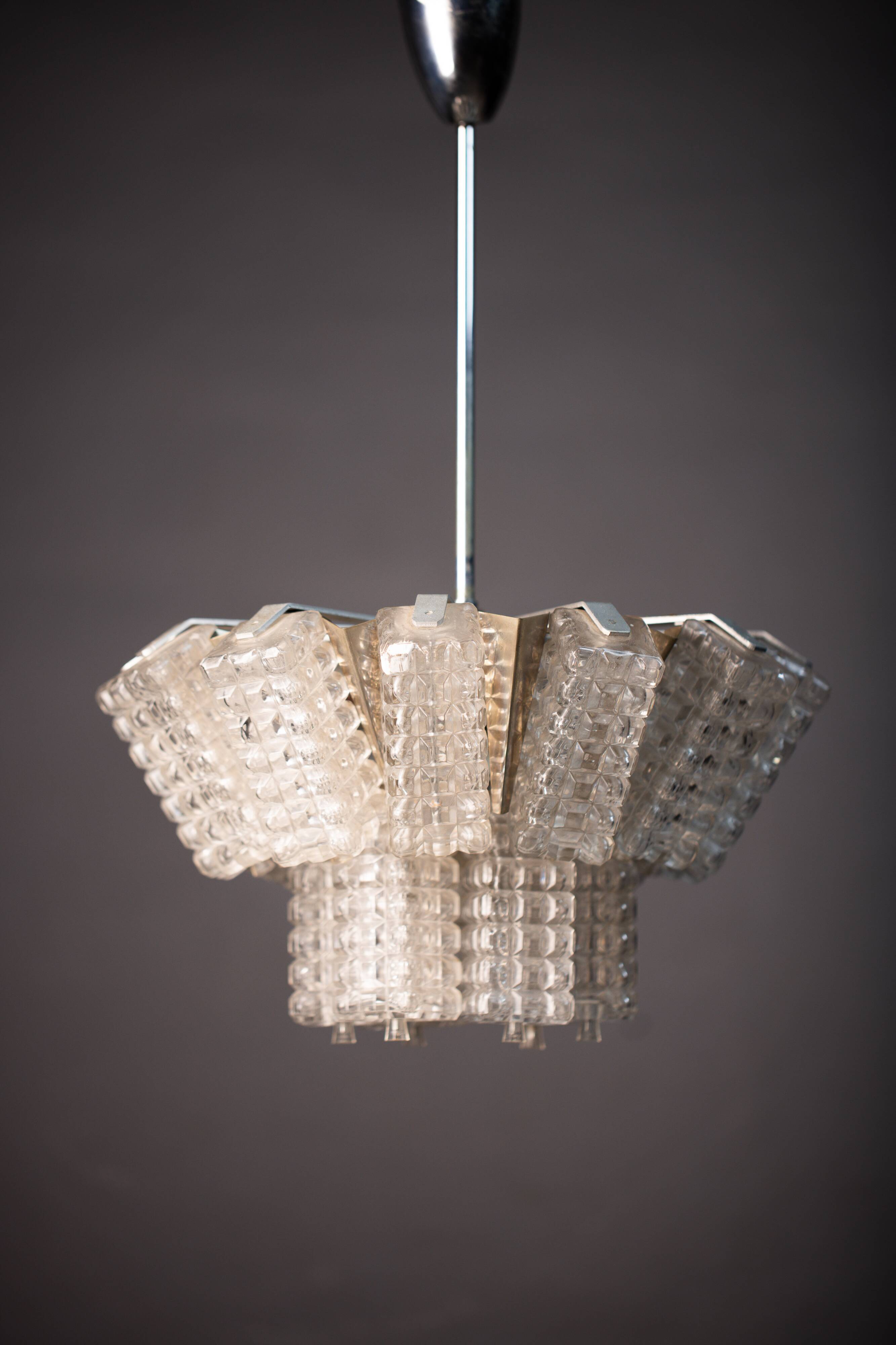 Vintage Austrolux Glass Chandelier: 1960s Mid-Century Modern Pendant Light