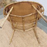 4 armchairs and a coffee table made of rattan and bamboo wood, vintage.