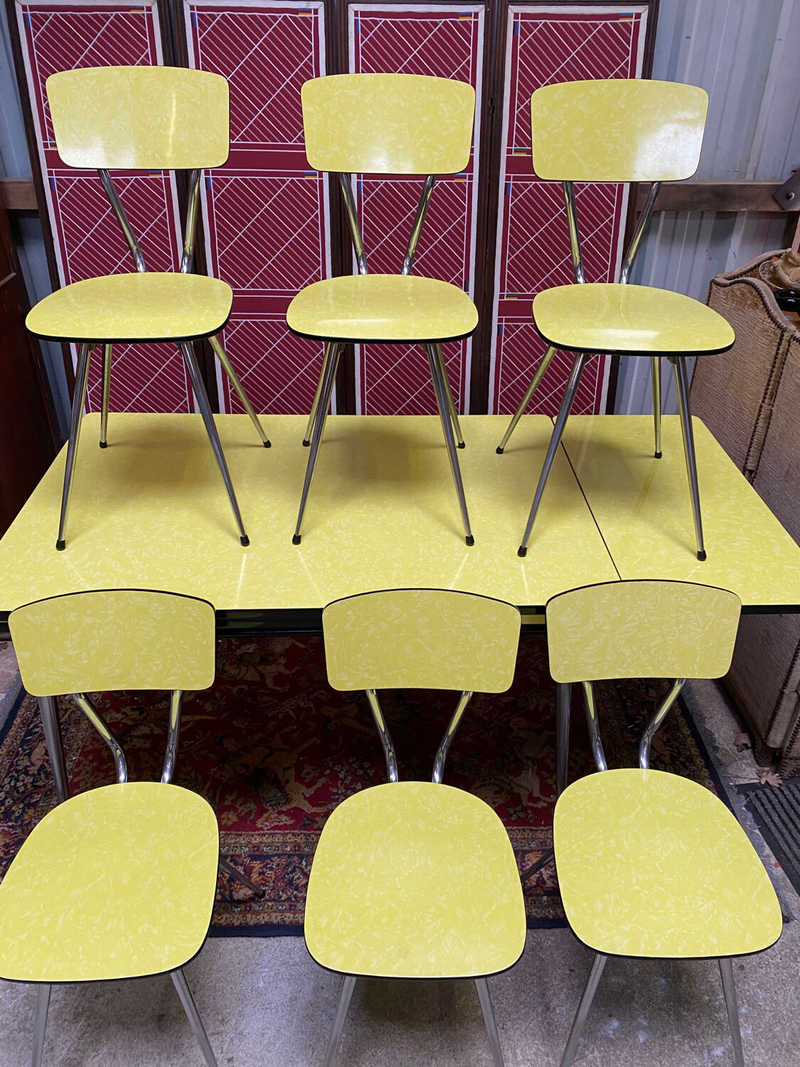 Roger Breton yellow formica set for Tublac, table, 6 chairs, 2 stools, 60s