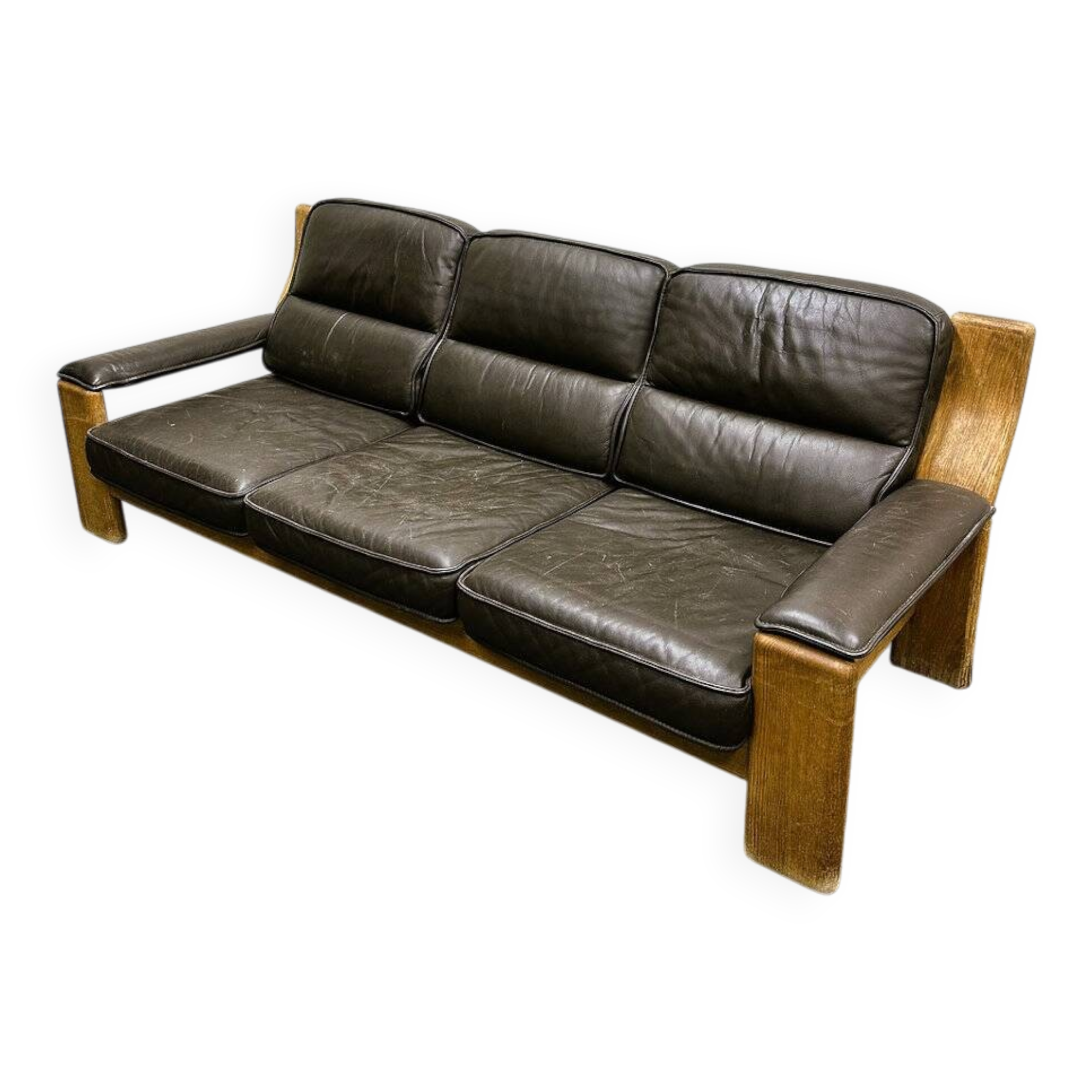Vintage brutalist leather three seat Durlet sofa, 1970s