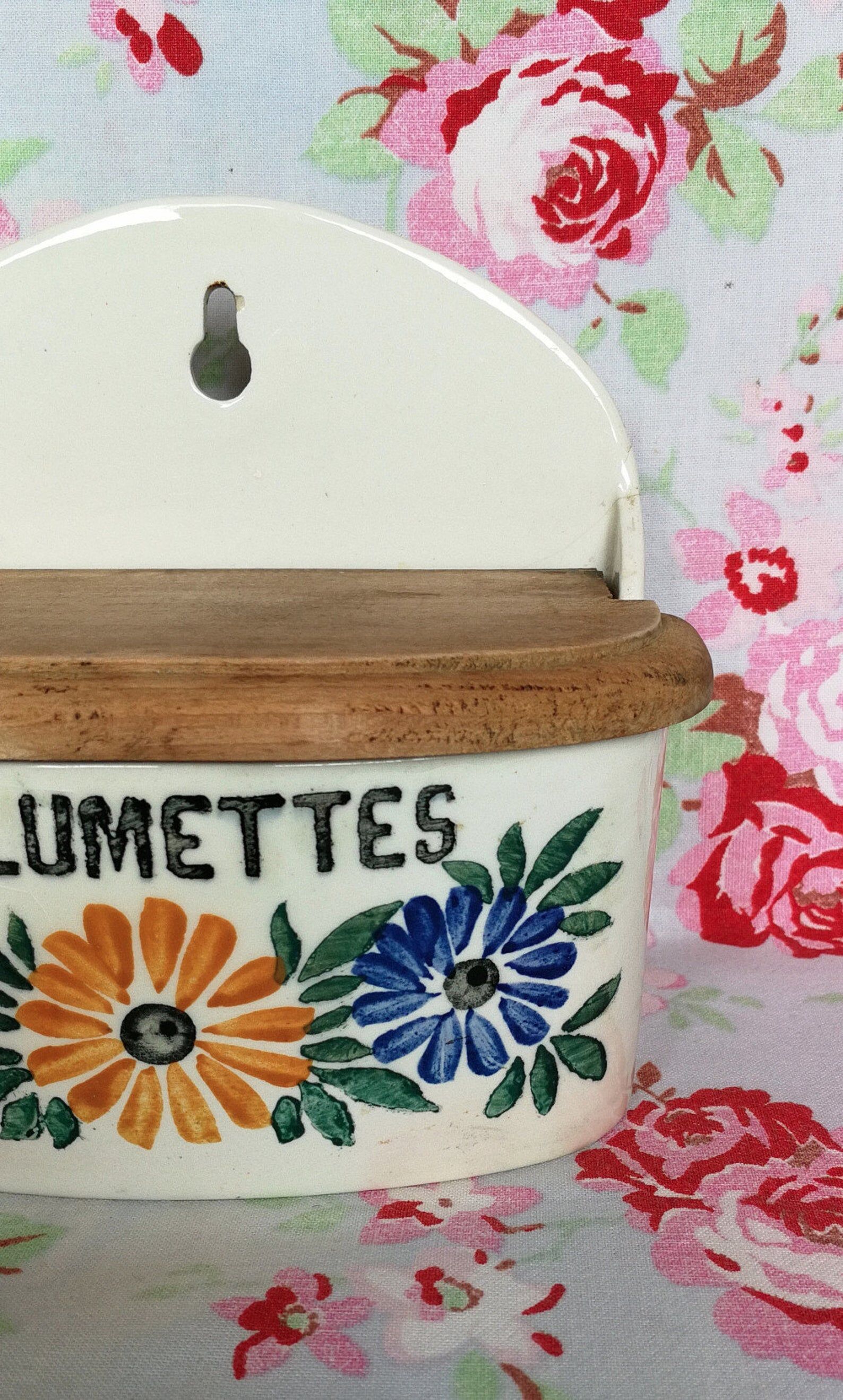 Ceramic matchbox and vintage antique wood dishes Creil Montereau HBCM