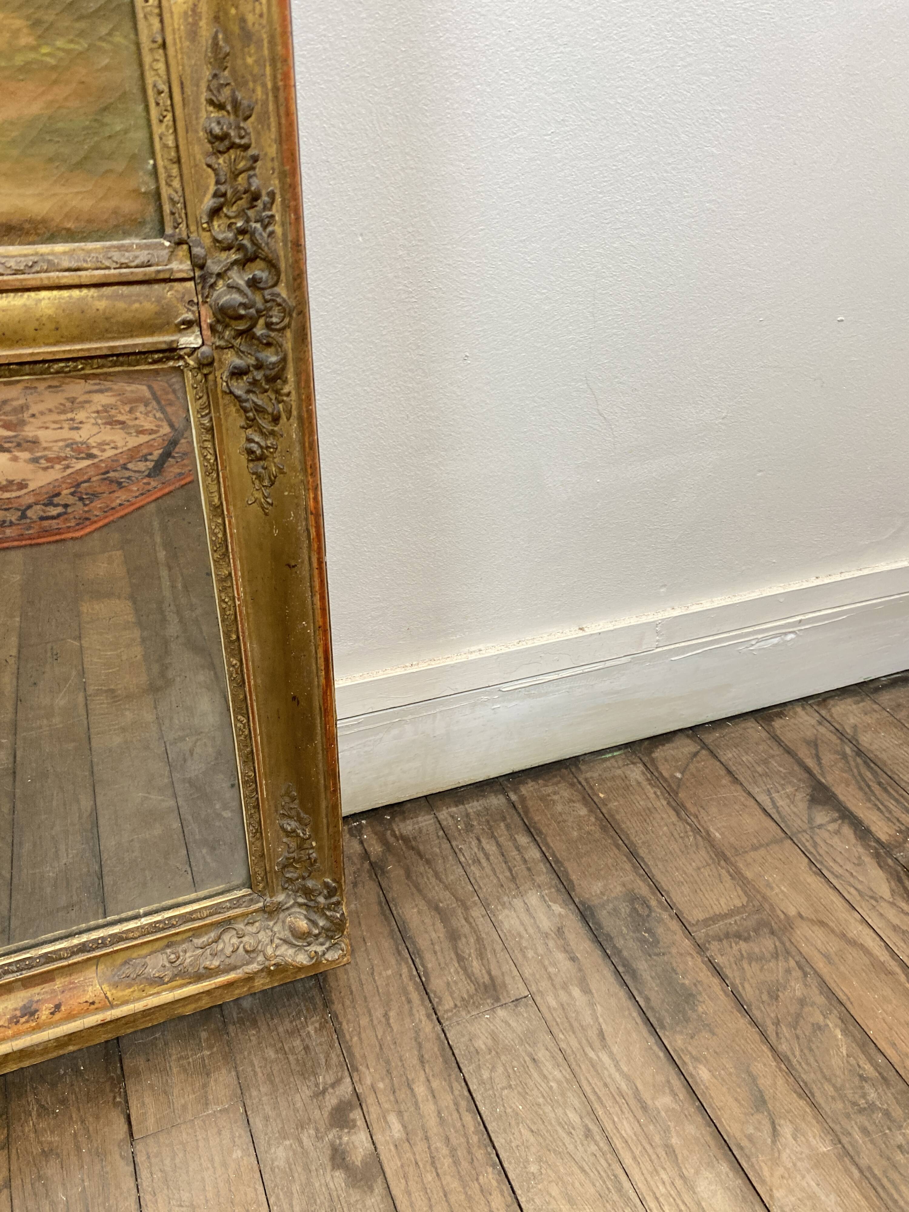 19th century gilded wooden trumeau with romantic scene - 69cm x 140cm