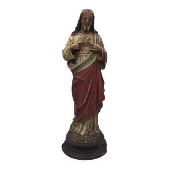 SACRED HEART of Jesus, polychrome plaster religious statue signed 19th century.