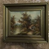 Vintage landscape painting with a house signed GIAN.