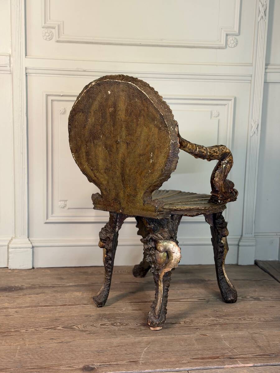 Venetian "Grotto" armchair in carved polychrome wood, silvered and gilded, circa 1890.