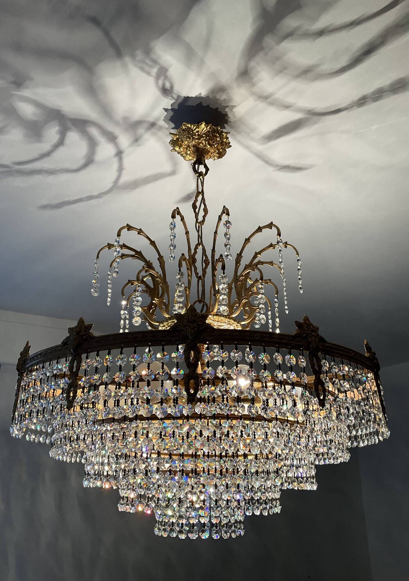 Old bronze waterfall chandelier with crystal tassels