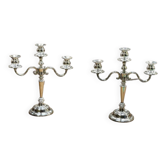 Pair of 3-branched English silver metal candlesticks from the 1950s