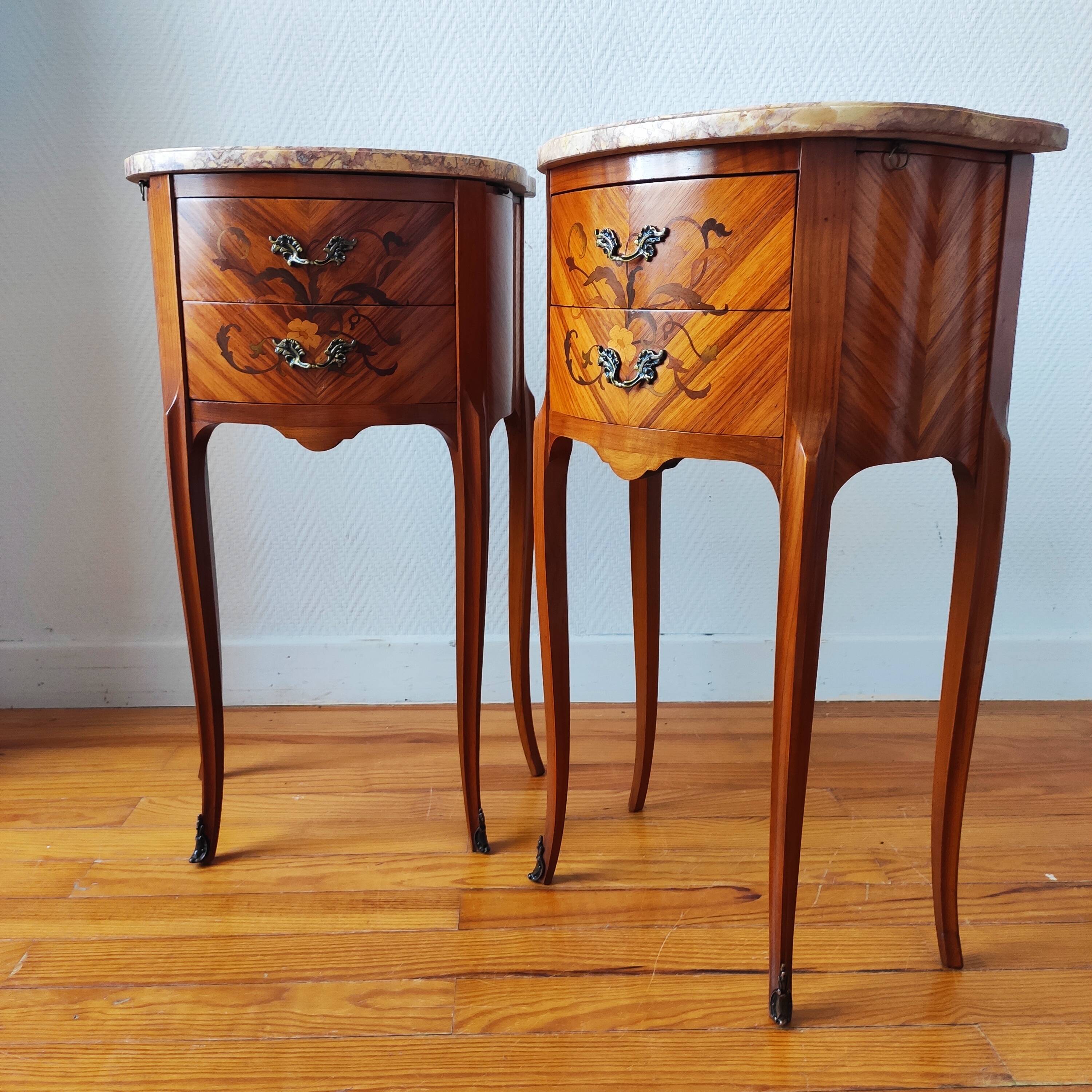 Pair of Louis XV style bedside tables with marquetry and marble.