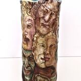 Unique Vintage Hand-Painted Vase with Faces Ascribable to Tullio d'Albisola