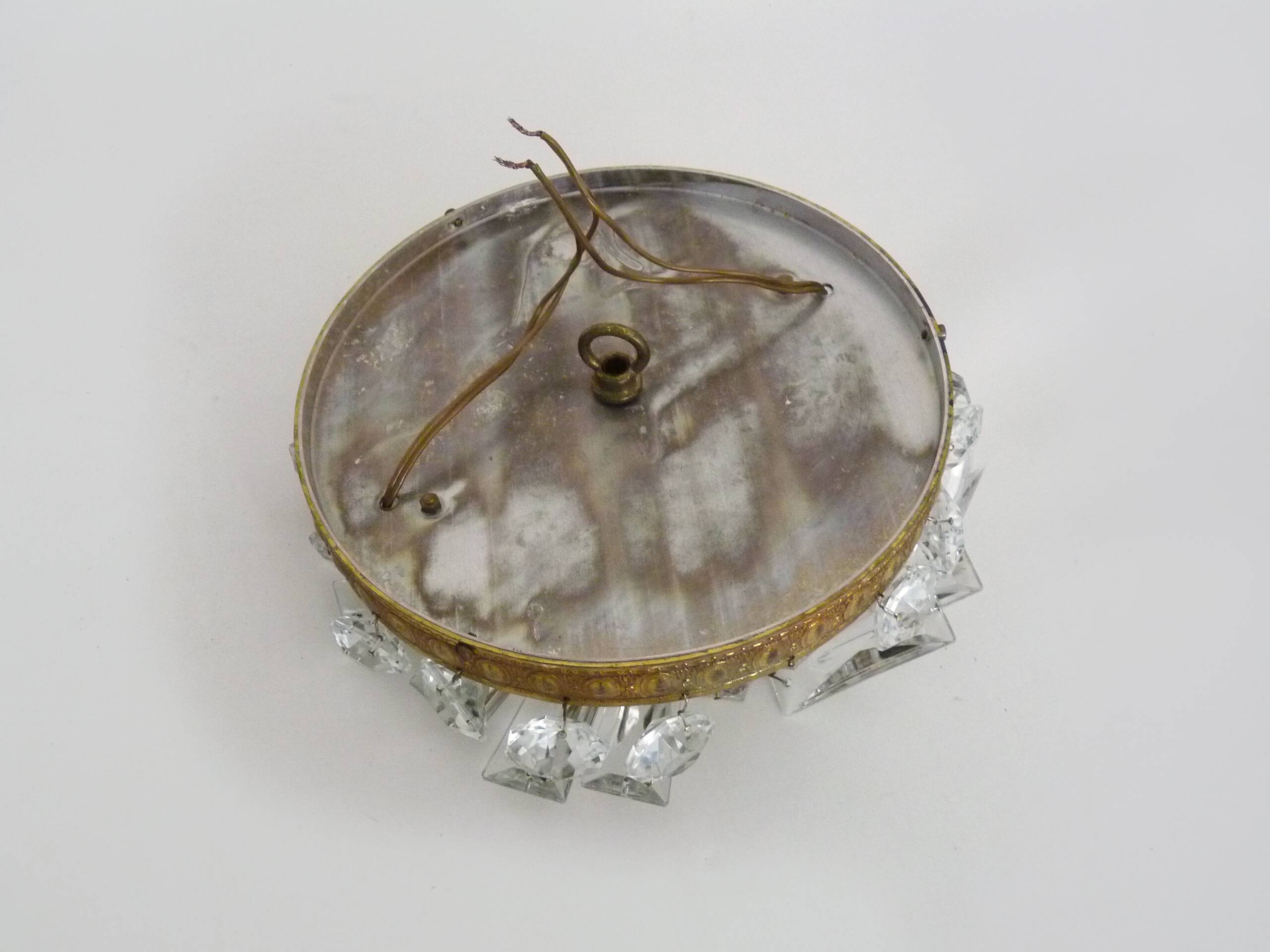 Old crown ceiling light with 2 bulbs, half basket with glass pendants.